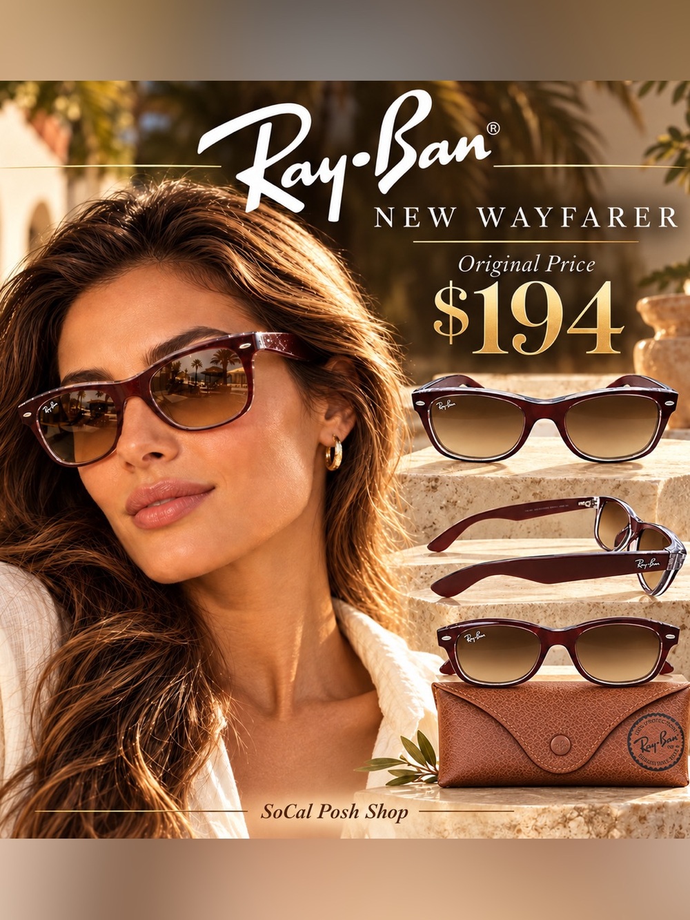 Ray-Ban New Wayfarer Brown Clear Gradient Sunglasses RB2132 52mm + Case